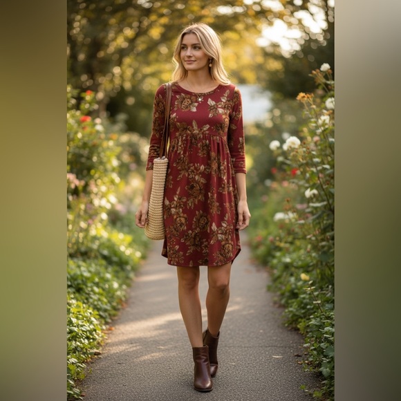 Burgundy floral babydoll dress - Picture 1 of 4